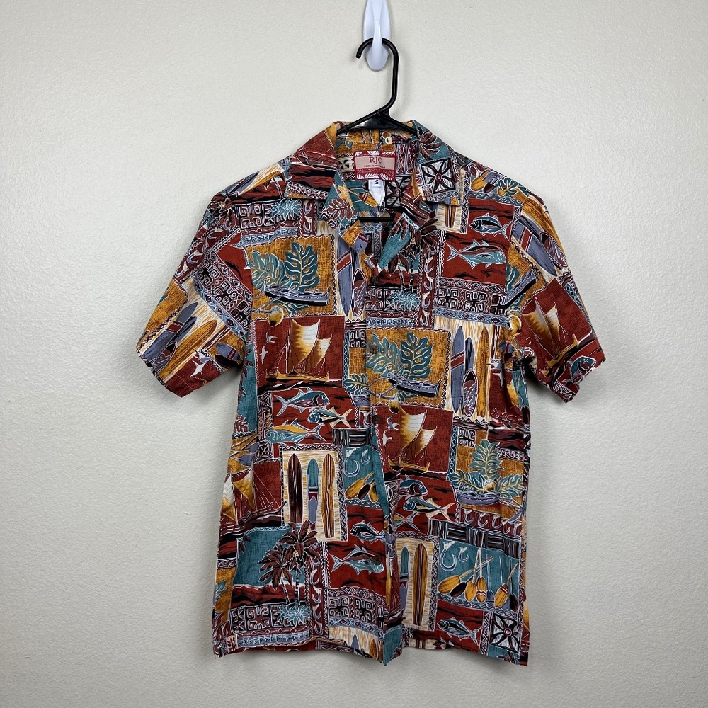 RJC Hawaiian Short Sleeve Shirt Men's Sz S Palm Surfboard Bird Aloha Multicolor